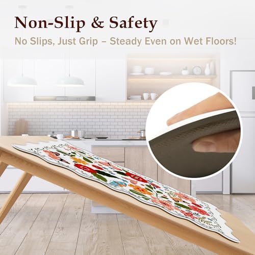 Arenarug Scalloped Kitchen Mats for Floor 2PC Cushioned Anti Fatigue Kitchen Mats Rugs Waterproof Non Slip Farmhouse Boho Floral Comfort Foam Standing Mat for Sink Laundry, White - Image 5