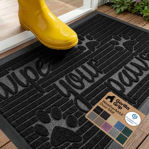 GORILLA GRIP WeatherMAX Door Mat, Indoor Outdoor Use, 29x17, Black Paw by GorillaGrip