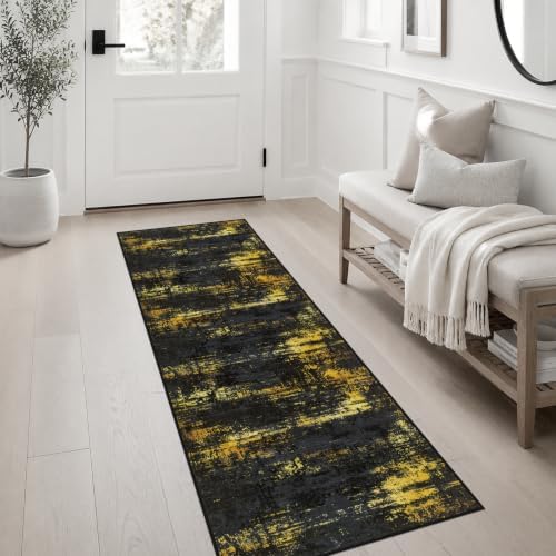 2x6 Washable Runner Rug：Modern Abstract Soft Carpet Black Gold - Image 3