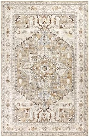 Yamaziot Area Rug 5x7, Non-Slip Washable Boho Vintage Living Room Bedroom Rug with Rubber Backing, Low Pile Faux Wool Soft Distressed Rug Floor Carpet for Living Room, Bedroom - Image 3