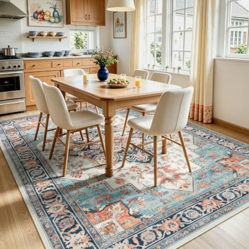 Lofus Washable Rugs 5x7 for Living Room, Blue and Orange Vintage Carpet - Image 5