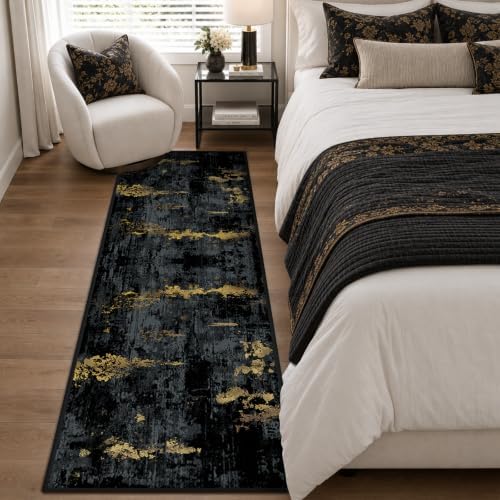 RELEANY Washable Runner 2'x6' Abstract Area Rug for Hallway Black Gold - Image 3