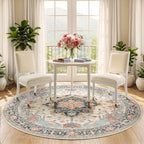 RELEANY Washable Area Rug, Round 5ft, Beige/Blue/Orange - Image 3