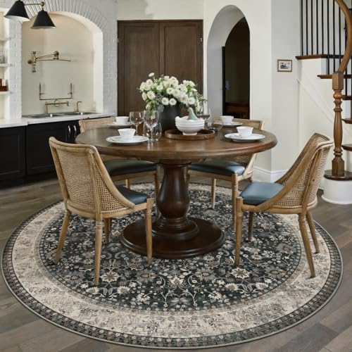 HUGEAR 4ft Round Black Beige Vintage Floral Washable Rug for Living Room - Image 3