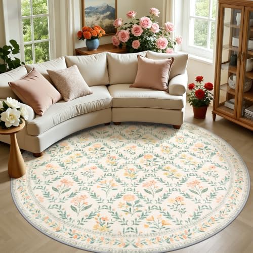 PLHXFR Round Area Rug Living Room: 8 ft Floral Washable Carpet Beige Multi by PLHXFRSoftAreaRugs