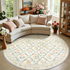 PLHXFR Round Area Rug Living Room: 8 ft Floral Washable Carpet Beige Multi by PLHXFRSoftAreaRugs