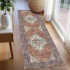 Washable Area Rug 2'6'' x 8' Vintage Traditional Persian Mat - Foldable Distressed Non-Slip Machine Washable Carpet for Living Room Bedroom Kitchen Home Decor - Terracotta and Navy - Image 3