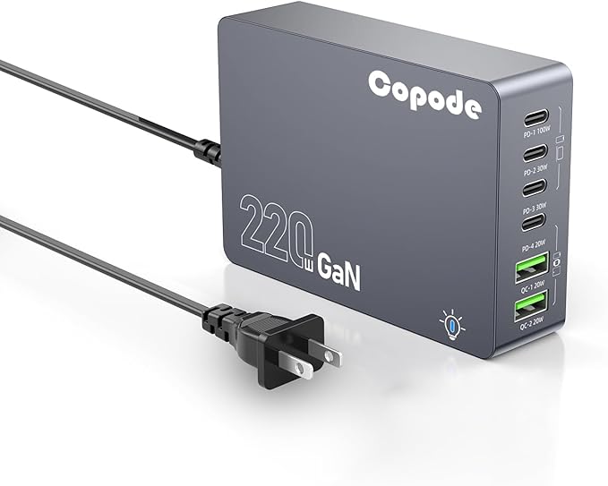 220W USB C Charger Block, 6-Port GaN USB C Charging Station PD 100W PC Laptop Fast Charger Adapter Compatible with iPhone 17, Galaxy 25, MacBook,ipad and More Devices(Gray)