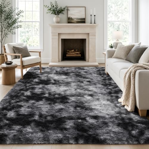 Ophanie Tie-Dyed Black & Grey Area Rugs 5x8 for Bedroom Living Room, Fluffy Shag Fuzzy Carpet, Plush Shaggy Rug, Indoor Carpet for Kids Boys Dorm Home Decor Aesthetic, Nursery with 99 pcs Pile fibers by Ophanie