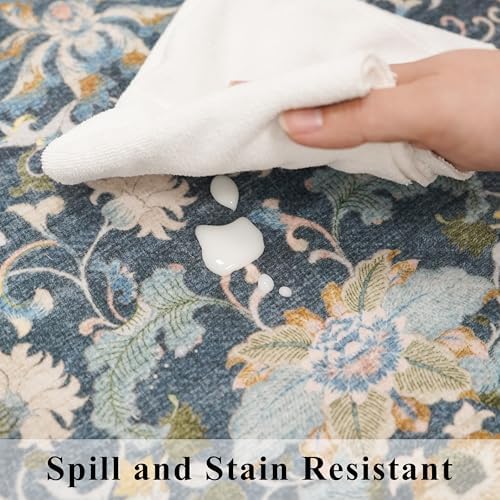 3x6 Washable Entryway Area Rugs: Vintage Easy to Clean Kitchen Rug Runner Soft Non Slip Floor Mat Indoor Farmhouse Carpet for Bathroom Living Room Bedroom Printed Hallway Runners(3x6 Floral/Blue) - Image 5
