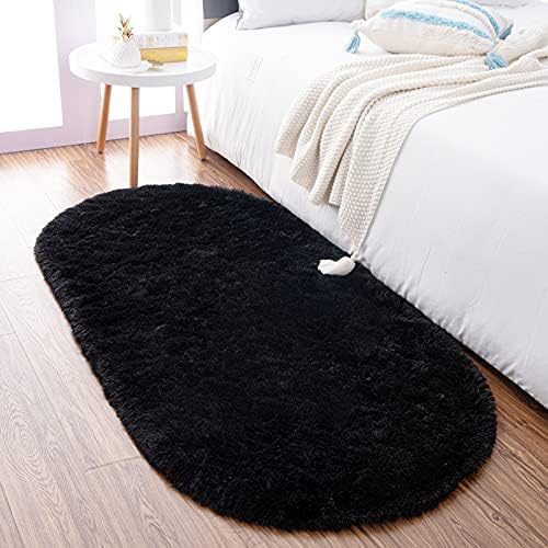 Noahas 2.6x5.3 Black Fluffy Soft Oval Rug Non-Slip for Bedroom Dorm Hallway by ModernHomeDecor