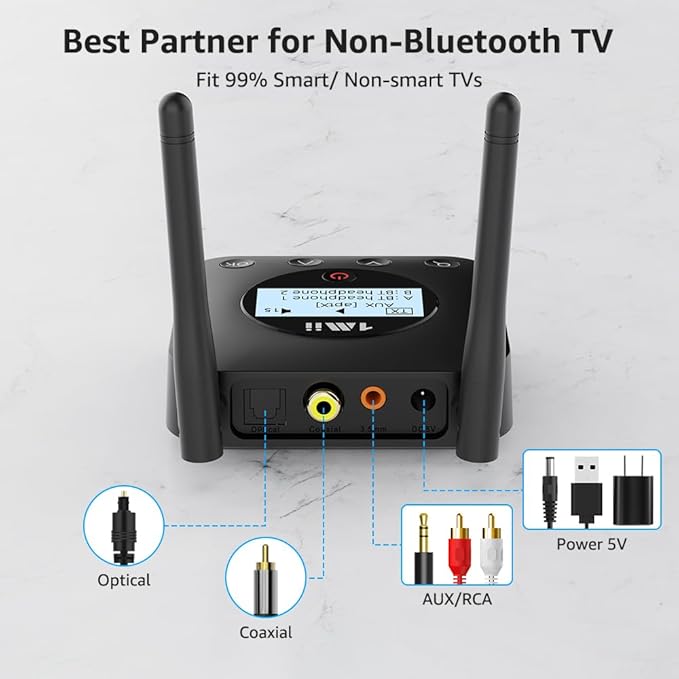 1Mii B06TX+ Long Range Bluetooth 5.2 Transmitter for TV/PC/Projector to 2 Wireless Headphones/Speakers, Bluetooth Adapter for TV w/Screen Display, Plug n Play, aptX Low Latency & Adaptive & HD Audio