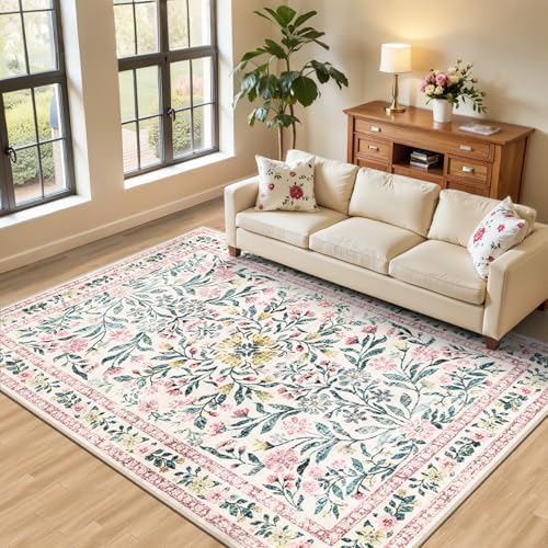 PLHXFR 6x9 Area Rug Living Room: Floral Washable Boho Carpet Pink Green by PLHXFRSoftAreaRugs
