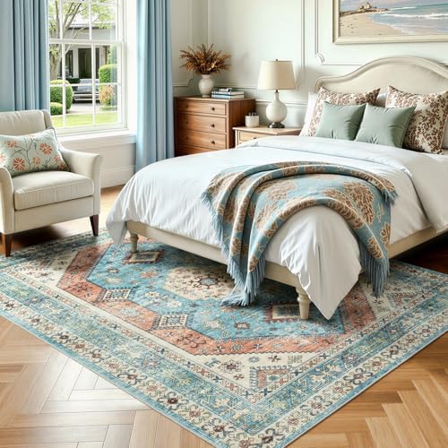 Lofus Living Room Rugs 5x7, Boho Terracotta and Blue Washable Carpet - Image 3