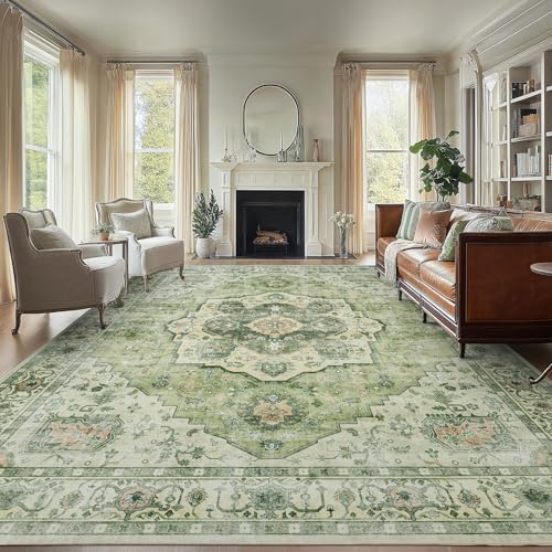 Amada Large 9x12 Washable Area Rug for Living Room, Green, Vintage Pattern by AMADAHOMEFURNISHING