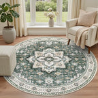 Round Area Rug for Living Room: 4ft Boho Washable Rug Green Ivory - Image 2