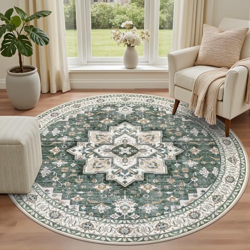 Round Area Rug for Living Room: 6ft Boho Washable Rug Green Ivory - Image 2