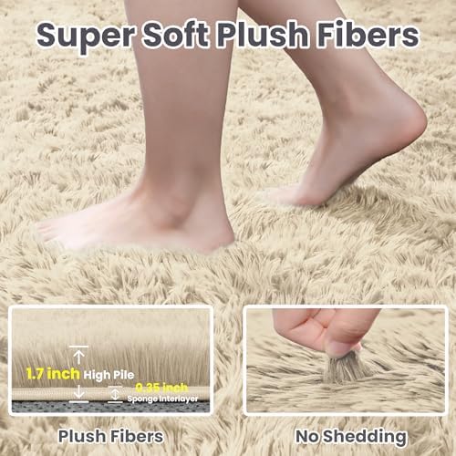 4x6 Fluffy Shag Area Rugs for Living Room Bedroom: Soft Plush Carpet Beige - Image 5