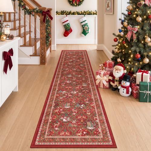 2x8 Christmas Runner Rug for Hallway,Washable Kitchen Rug,Red - Image 3