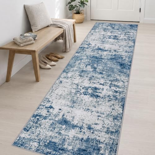 3x14 Washable Runner Rug：Modern Abstract Kitchen Soft Carpet Blue - Image 3