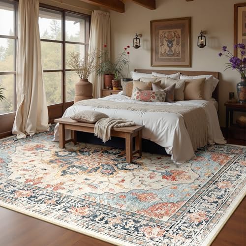 RELEANY Washable Area Rug, 6'x9', Beige/Blue/Orange - Image 3