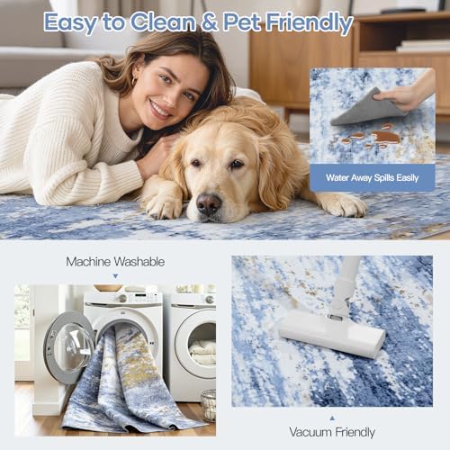 8x10 Area Rug for Living Room, Abstract Washable Large Rugs, Light Blue - Image 4
