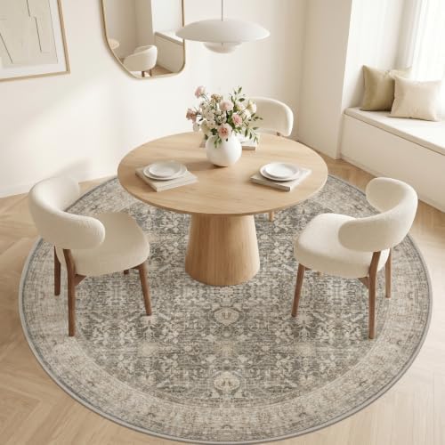 Round Area Rug Living Room: 6ft Neutral Washable Carpet Warm Taupe - Image 2