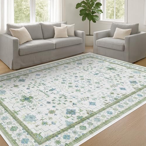 Hazo Haus Cream Oushak 6x8 Bedroom Rug - Boho Floral Cool Blue and Green, Washable Low Pile Non-Slip Ultra-Thin Large Area Rugs for Bed Room, Living Room - Image 3