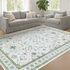 Hazo Haus Cream Oushak 6x8 Bedroom Rug - Boho Floral Cool Blue and Green, Washable Low Pile Non-Slip Ultra-Thin Large Area Rugs for Bed Room, Living Room - Image 3