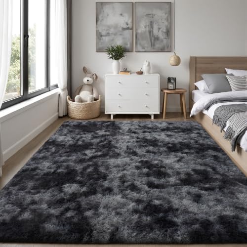 PLHXFR 4x6 Area Rugs Living Room: Fluffy Bedroom Soft Shag Rug Black Grey - Image 2