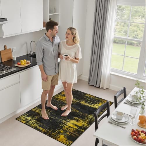 Area Rug Living Room: 3x5 Modern Washable Soft Carpet Black Gold - Image 5