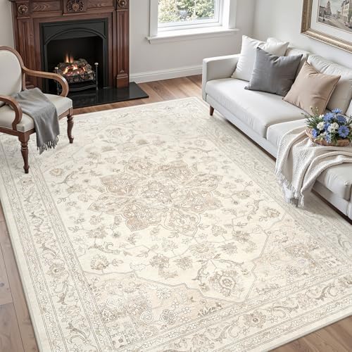 5x8 Area Rugs Living Room: Bedroom Washable Carpet Beige White - Image 3