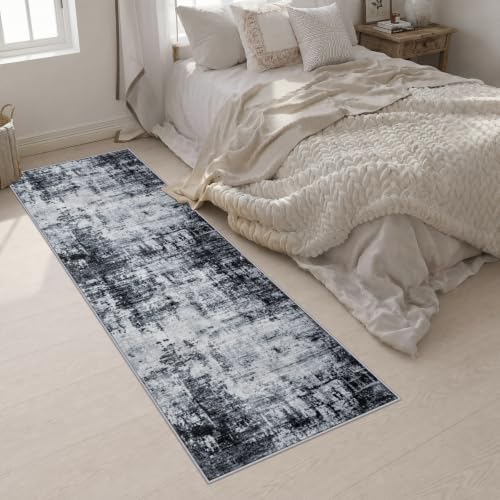 2.6x10 Washable Runner Rug:Modern Abstract Soft Carpet Dark Black - Image 4