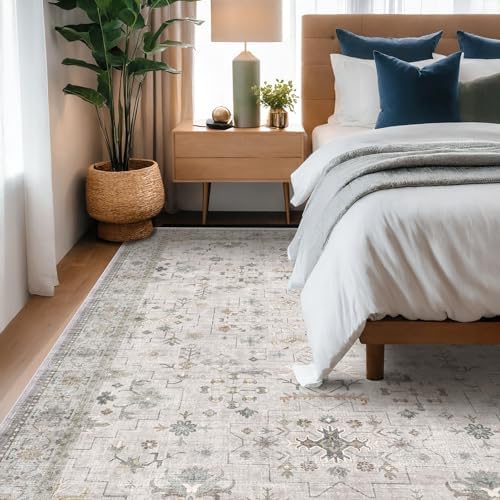 Washable Light Gray & Sage Living Room Rug 6x9 - Boho Geometric Area Rugs for Dining Under Table, Neutral Floral Bedroom Carpet, Modern Vintage Low Pile Stain Resistant - Image 6