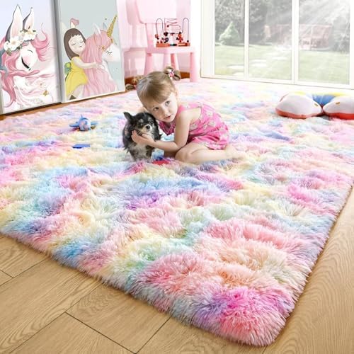 8x10 Extra Large Rainbow Fluffy Soft Area Rug Non-Slip for Kids Bedroom by ModernHomeDecor