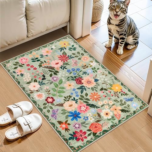 PLHXFR 2x3 Small Entryway Rug: Floral Washable Indoor Soft Carpet Green - Image 2
