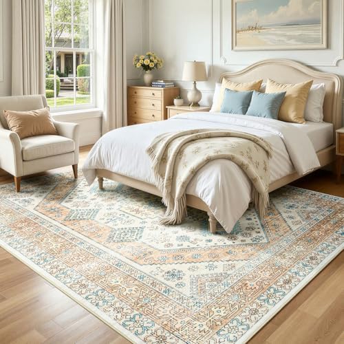 Lofus Living Room Rugs 8x10, Boho Orange and Beige Washable Carpet - Image 2