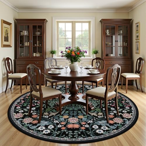 PLHXFR Round Area Rug Living Room: 8 ft Floral Washable Carpet Dark Black - Image 3