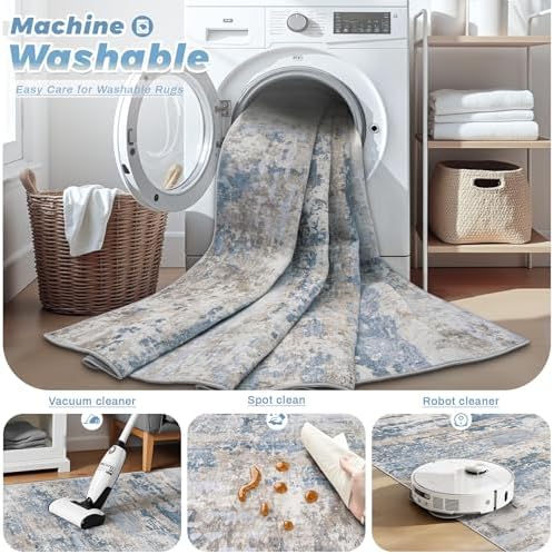 pmtsns Area Rugs 9x12 for Living Room: Washable Rug Modern Abstract Neutral Soft Non-Slip Low-Pile Indoor Large Carpet for Bedroom Dining Room Playroom Home Office (Light Blue Brown, 9'x12') - Image 3