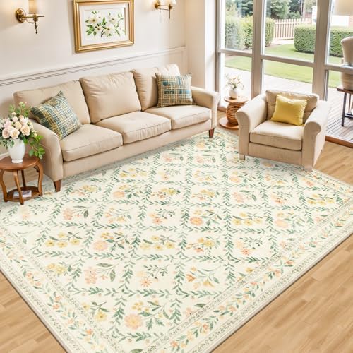 PLHXFR Area Rug Living Room: 5x7 Floral Washable Boho Carpet Beige Multi - Image 2