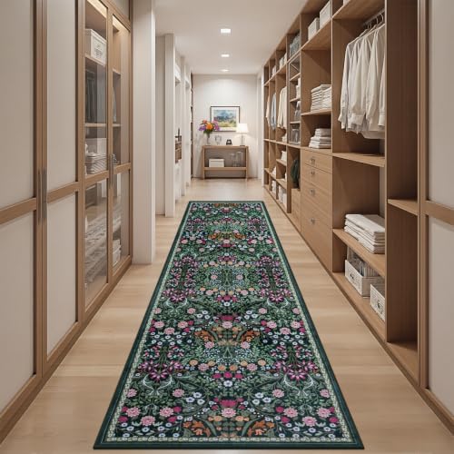 PLHXFR 2.6x10 Washable Runner Rug：Floral Indoor Kitchen Carpet Dark Green - Image 5