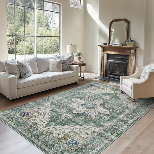 Amada 5x7 Washable Area Rug for Living Room, Dark/Green, Vintage by AMADAHOMEFURNISHING