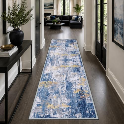 RELEANY Washable Runner 2'x8' Abstract Area Rug for Hallway Blue Gold by RELEANY