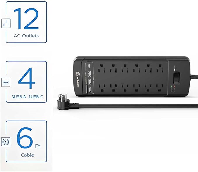 Witeem Surge Protector Power Strip - 12 Outlets,3 USB+USB-C 3.4A Ports, 6Ft Extension Cord, 1875W/15A, 4360Joules, Overload Protection - Ideal for Home & Office Use (Black-USBC)