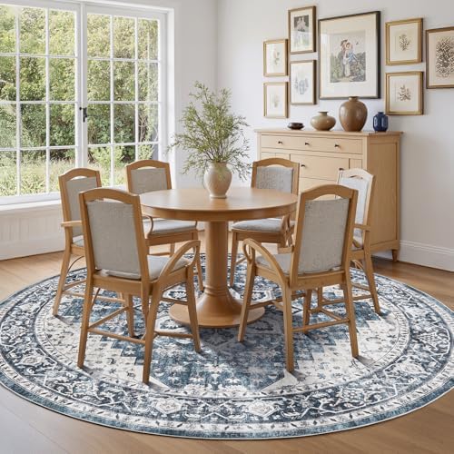 Amada Round 6x6 Washable Area Rug for Living Room, Blue, Vintage Style - Image 3