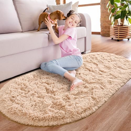 Noahas 2.6x5.3 Beige Fluffy Soft Oval Rug Non-Slip for Bedroom Dorm Hallway - Image 2