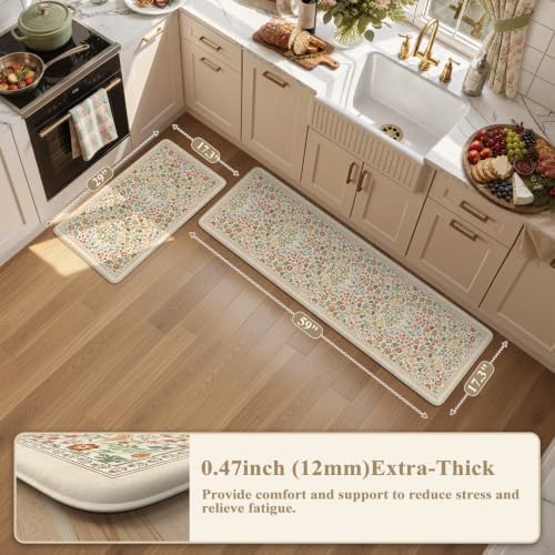 Collive Kitchen Mats Cushioned Anti Fatigue, Beige Floral Kitchen Floor Mat - Image 2
