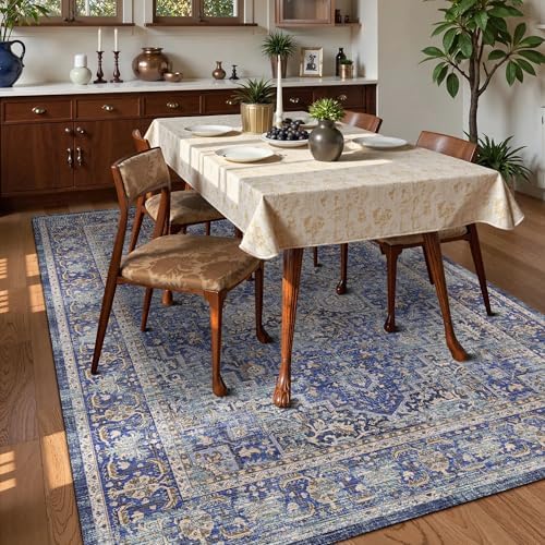 Washable Area Rug 5' x 7' Vintage Traditional Persian Mat - Foldable Distressed Non-Slip Machine Washable Carpet for Living Room Bedroom Kitchen Home Decor - Indigo and Gold - Image 3