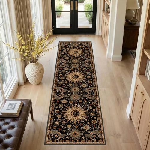 Vacuum-Friendly, 2x8 Washable Area Rug, Black Gold Beige Red - Image 2