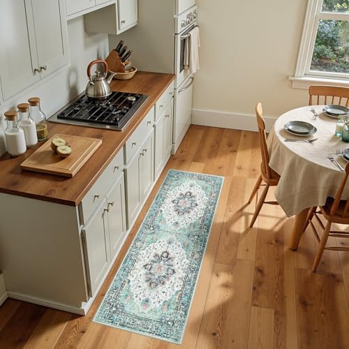 RELEANY Washable Area Rug, Runner 2'x5', Teal Green/White/Navy by RELEANY